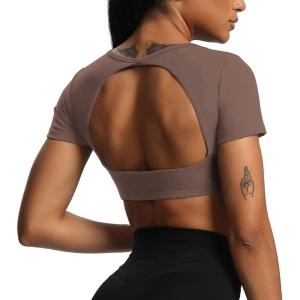 imageAoxjox Short Sleeve Crop Tops for Women Clarissa Hollow Back Workout Cropped T Shirt TopFudge Coffee