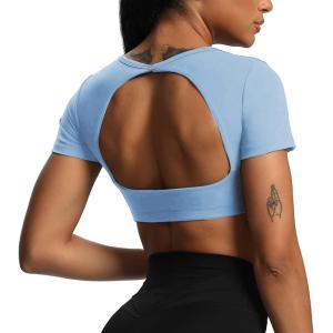 imageAoxjox Short Sleeve Crop Tops for Women Clarissa Hollow Back Workout Cropped T Shirt TopLight Blue