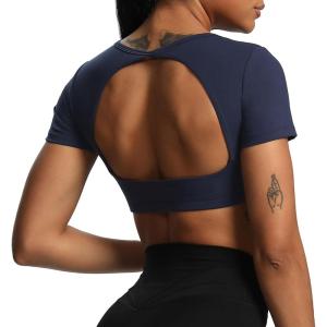 imageAoxjox Short Sleeve Crop Tops for Women Clarissa Hollow Back Workout Cropped T Shirt TopNavy