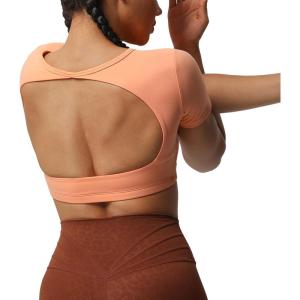imageAoxjox Short Sleeve Crop Tops for Women Clarissa Hollow Back Workout Cropped T Shirt TopPapaya