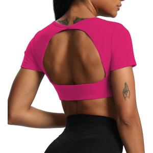 imageAoxjox Short Sleeve Crop Tops for Women Clarissa Hollow Back Workout Cropped T Shirt TopRose Red