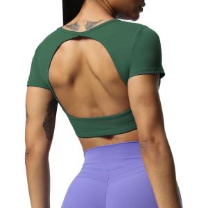 imageAoxjox Short Sleeve Crop Tops for Women Clarissa Hollow Back Workout Cropped T Shirt TopStorm Green
