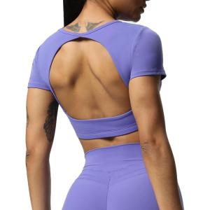 imageAoxjox Short Sleeve Crop Tops for Women Clarissa Hollow Back Workout Cropped T Shirt TopViolet