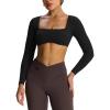 imageAoxjox Long Sleeve Crop Tops for Women Skylar Squareneck Curved Hem Workout Cropped T Shirt TopBlack
