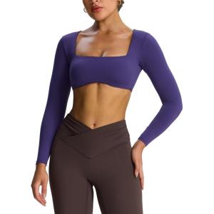 imageAoxjox Long Sleeve Crop Tops for Women Skylar Squareneck Curved Hem Workout Cropped T Shirt TopMulberry Purple