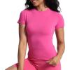 imageAoxjox Womens Casual Basic Tee HIGH Elastic Cotton TShirt Short Sleeve Tops Everyday Crew Neck Slim Fit Y2kRose Pink