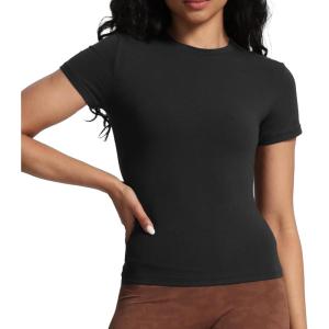 imageAoxjox Womens Casual Basic Tee HIGH Elastic Cotton TShirt Short Sleeve Tops Everyday Crew Neck Slim Fit Y2kBlack