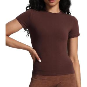 imageAoxjox Womens Casual Basic Tee HIGH Elastic Cotton TShirt Short Sleeve Tops Everyday Crew Neck Slim Fit Y2kDark Coffee