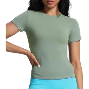 imageAoxjox Womens Casual Basic Tee HIGH Elastic Cotton TShirt Short Sleeve Tops Everyday Crew Neck Slim Fit Y2kMineral