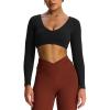 imageAoxjox Long Sleeve Crop Tops for Women Stacey V Neck Workout Athletic Gym Cropped T Shirt TopBlack