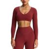 imageAoxjox Long Sleeve Crop Tops for Women Stacey V Neck Workout Athletic Gym Cropped T Shirt TopBurgundy