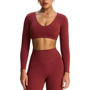 imageAoxjox Long Sleeve Crop Tops for Women Stacey V Neck Workout Athletic Gym Cropped T Shirt TopBurgundy