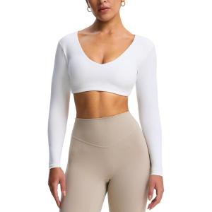 imageAoxjox Long Sleeve Crop Tops for Women Stacey V Neck Workout Athletic Gym Cropped T Shirt TopWhite