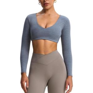 imageAoxjox Long Sleeve Crop Tops for Women Stacey V Neck Workout Athletic Gym Cropped T Shirt TopWinds Grey Marl