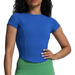 imageAoxjox Womens Short Sleeve TShirts GEO Baby Tee Workout Gym Yoga Crop TopDirectoire Blue