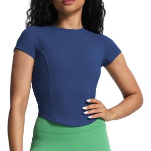 imageAoxjox Womens Short Sleeve TShirts GEO Baby Tee Workout Gym Yoga Crop TopNavy