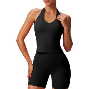 imageAoxjox Womens Sleeveless Neck Tank Tops Workout Gym Yoga Curve Longline Hailey Halter Crop TopBlack