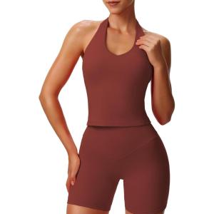 imageAoxjox Womens Sleeveless Neck Tank Tops Workout Gym Yoga Curve Longline Hailey Halter Crop TopBurgundy