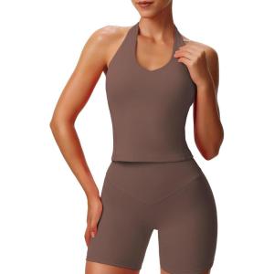 imageAoxjox Womens Sleeveless Neck Tank Tops Workout Gym Yoga Curve Longline Hailey Halter Crop TopFudge Coffee