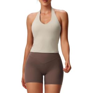 imageAoxjox Womens Sleeveless Neck Tank Tops Workout Gym Yoga Curve Longline Hailey Halter Crop TopMink