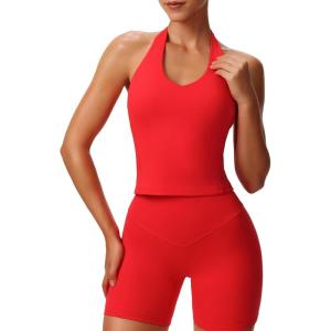 imageAoxjox Womens Sleeveless Neck Tank Tops Workout Gym Yoga Curve Longline Hailey Halter Crop TopRacing Red