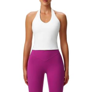 imageAoxjox Womens Sleeveless Neck Tank Tops Workout Gym Yoga Curve Longline Hailey Halter Crop TopWhite