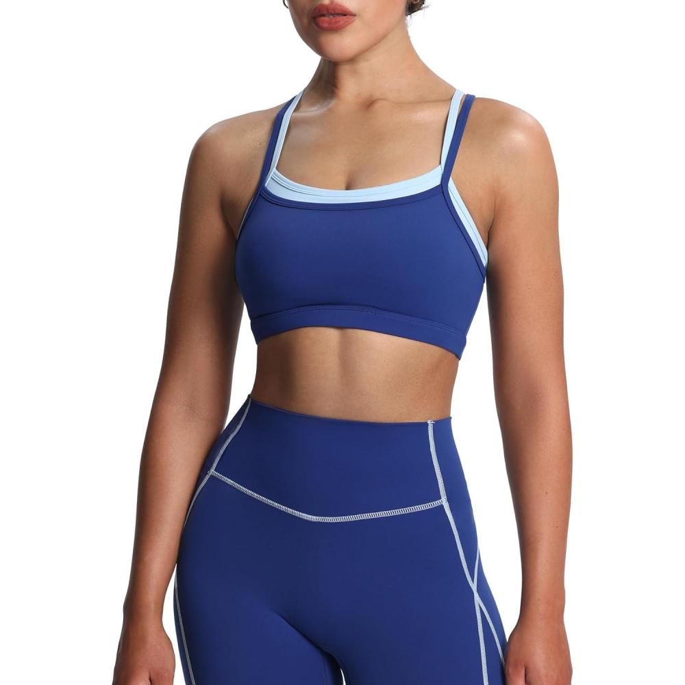 imageAoxjox Womens Workout Sports Bras Double Layer Training Fitness Running Yoga Crop Tank TopBellwether BlueAiry Blue