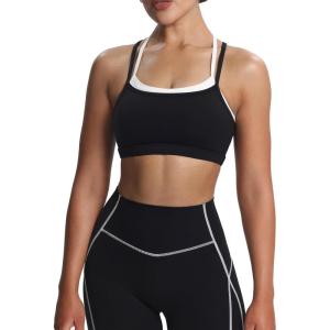 imageAoxjox Womens Workout Sports Bras Double Layer Training Fitness Running Yoga Crop Tank TopBlack and White
