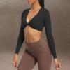 imageAoxjox Long Sleeve Crop Tops for Women Sienna Twist Deep V Workout Cropped T Shirt TopA Black