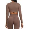 imageAoxjox Long Sleeve Crop Tops for Women Sienna Twist Deep V Workout Cropped T Shirt TopA Fudge Coffee