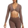 imageAoxjox Long Sleeve Crop Tops for Women Sienna Twist Deep V Workout Cropped T Shirt TopA Fudge Coffee