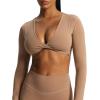 imageAoxjox Long Sleeve Crop Tops for Women Sienna Twist Deep V Workout Cropped T Shirt TopBrownie