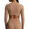 imageAoxjox Long Sleeve Crop Tops for Women Sienna Twist Deep V Workout Cropped T Shirt TopBrownie