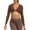 imageAoxjox Long Sleeve Crop Tops for Women Sienna Twist Deep V Workout Cropped T Shirt TopDark Brown