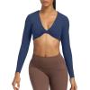 imageAoxjox Long Sleeve Crop Tops for Women Sienna Twist Deep V Workout Cropped T Shirt TopNavy