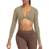 imageAoxjox Long Sleeve Crop Tops for Women Sienna Twist Deep V Workout Cropped T Shirt TopTaupe