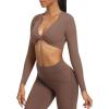 imageAoxjox Long Sleeve Crop Tops for Women Sienna Twist Deep V Workout Cropped T Shirt TopA Fudge Coffee