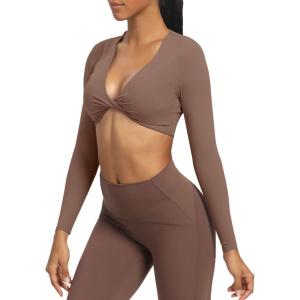 imageAoxjox Long Sleeve Crop Tops for Women Sienna Twist Deep V Workout Cropped T Shirt TopA Fudge Coffee