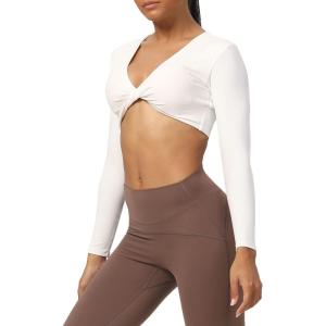 imageAoxjox Long Sleeve Crop Tops for Women Sienna Twist Deep V Workout Cropped T Shirt TopA White