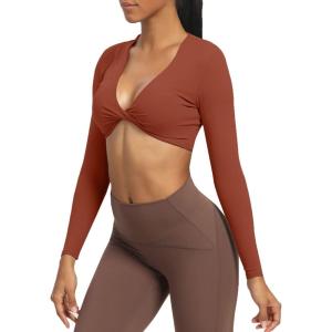 imageAoxjox Long Sleeve Crop Tops for Women Sienna Twist Deep V Workout Cropped T Shirt TopCherry Mahogany
