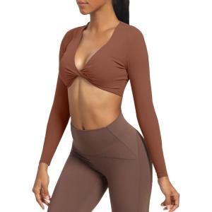 imageAoxjox Long Sleeve Crop Tops for Women Sienna Twist Deep V Workout Cropped T Shirt TopDandelion Brown