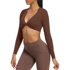 imageAoxjox Long Sleeve Crop Tops for Women Sienna Twist Deep V Workout Cropped T Shirt TopDark Brown