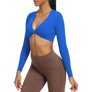 imageAoxjox Long Sleeve Crop Tops for Women Sienna Twist Deep V Workout Cropped T Shirt TopDirectoire Blue