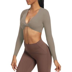 imageAoxjox Long Sleeve Crop Tops for Women Sienna Twist Deep V Workout Cropped T Shirt TopDriftwood