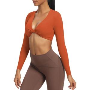 imageAoxjox Long Sleeve Crop Tops for Women Sienna Twist Deep V Workout Cropped T Shirt TopEarthy Brown
