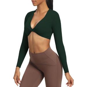 imageAoxjox Long Sleeve Crop Tops for Women Sienna Twist Deep V Workout Cropped T Shirt TopForest Green Deep Depths Green