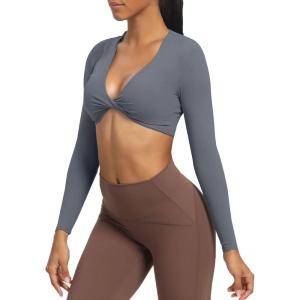 imageAoxjox Long Sleeve Crop Tops for Women Sienna Twist Deep V Workout Cropped T Shirt TopIron Grey