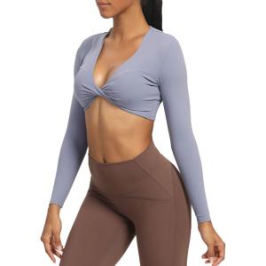 imageAoxjox Long Sleeve Crop Tops for Women Sienna Twist Deep V Workout Cropped T Shirt TopLazuli