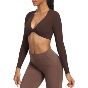 imageAoxjox Long Sleeve Crop Tops for Women Sienna Twist Deep V Workout Cropped T Shirt TopMulch