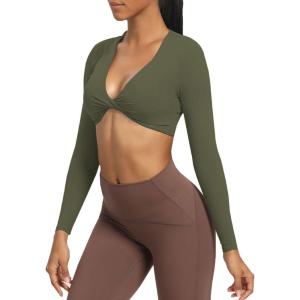 imageAoxjox Long Sleeve Crop Tops for Women Sienna Twist Deep V Workout Cropped T Shirt TopOlive Green